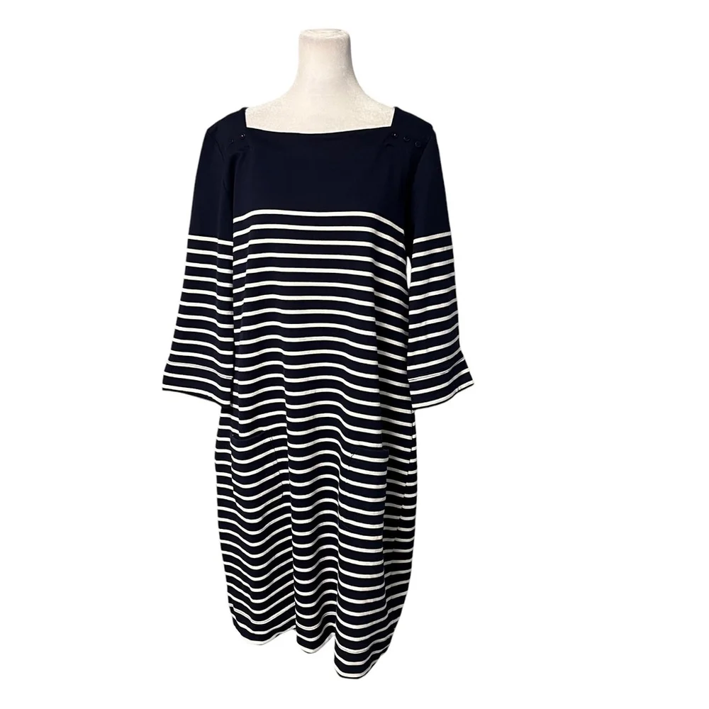 Joules Mariners Grade Navy Breton Striped Square Neck Dress Size 12 NWT